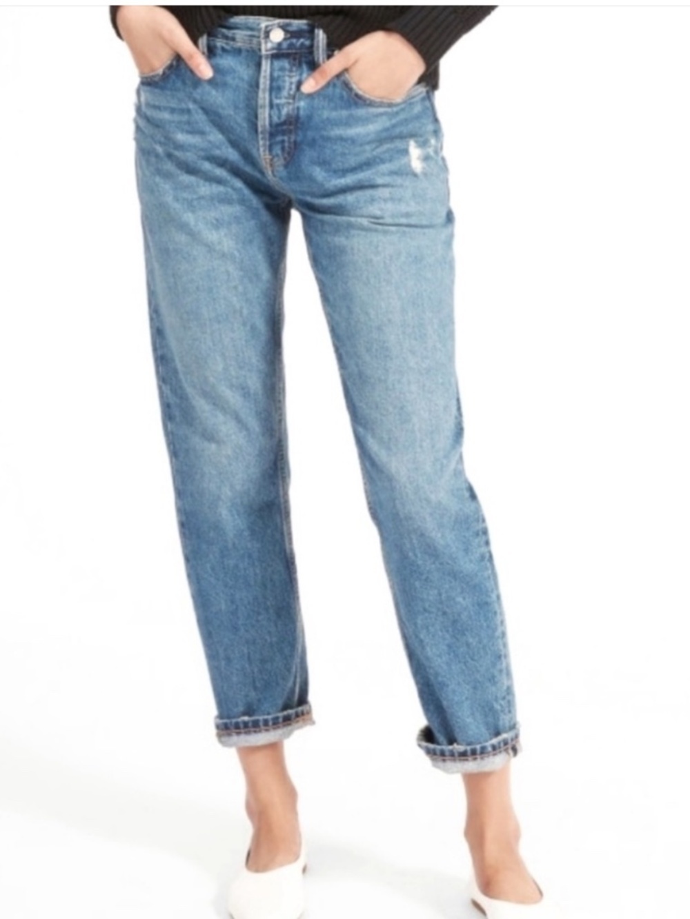 Everlane O-S Boy Friend Distressed Cropped Blue Jeans 25